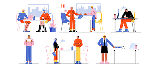 Hr, job interview in office, employee talk with candidates, people searching work. Hiring, employment, recruitment, negotiation with future worker business concept, Line art flat vector illustration