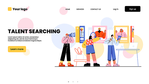 Talent searching landing page. Hr team research workers, recruitment concept with business people choose best candidate for job. Hiring and human resource agency, Line art flat vector web banner