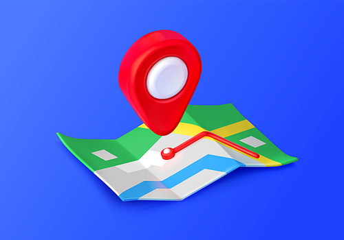 Icon of 3d map with red pin. Gps navigation symbol with paper route guide and location tag. Map with geo marker isolated on blue background, vector illustration