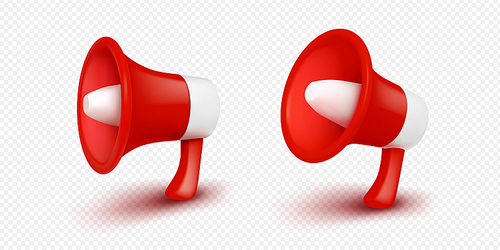 3d megaphone or loudspeaker render elements. Digital concept of notification, marketing time, online news, social media promotion. Realistic vector red bullhorn isolated on transparent background