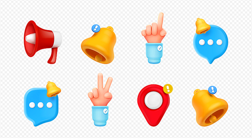 3d render notification and reminders social media icons. Bell, message bubble, map pin, loudspeaker and hand gesture isolated elements. News, sms, notice Vector illustration in cartoon plastic style