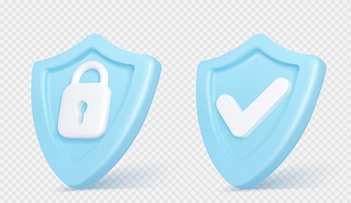 3d render shield with padlock and tick sign. Concept of privacy, good password, secure data protection, computer or phone access security, verification system Illustration in cartoon plastic style