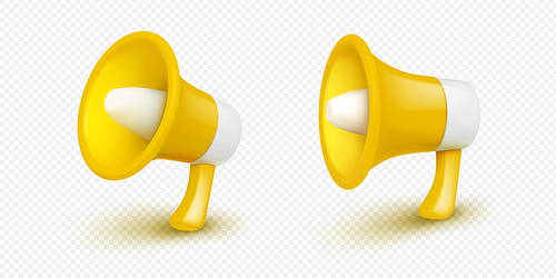 Set of yellow 3D megaphone isolated on transparent background, angle and side view png. Vector illustration of loudspeaker for making business, hr, breaking news announcement or sale advertising