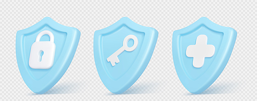 Icons of 3d shields with signs of plus, padlock and key. Concept of business protect, defense, privacy guard, medical insurance. Safety badges, vector set isolated on transparent background
