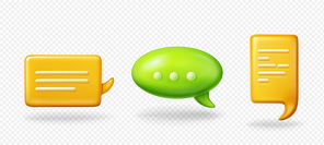 Set of 3D speech bubbles isolated on transparent background. Vector illustration of rectangular and round yellow and green chat message clouds. Communication symbols. Messenger app design elements