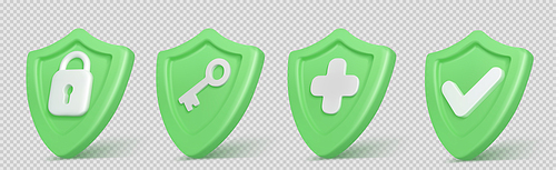 3d render shield with padlock, key, cross and tick sign. Concept of privacy, good password, secure data protection, computer or phone access security, Vector Illustration in cartoon plastic style