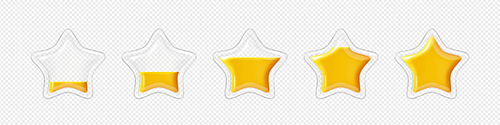 Stars game score filling animation frame from empty to full row. Ui or gui rate yellow golden glossy assets for app user interface and display, winner achievement, bonus Cartoon vector illustration