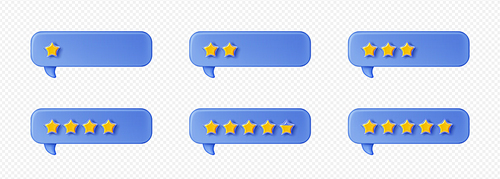 3d render customer feedback stars in speech bubbles. Rate, client review, comment or feedback growing evaluation level in message balloons, isolated vector Illustration in cartoon plastic style