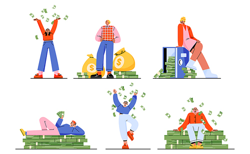 Happy rich people with stacks of cash, full money bags, safe. Concept of wealth, jackpot, lottery win, income increase, wellbeing with characters with banknotes bundles, vector flat illustration