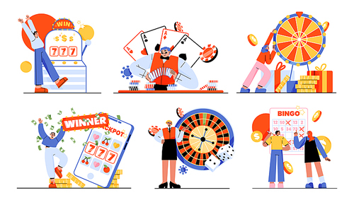 People playing casino and gamble games isolated set. Gambling concept with male and female characters spin roulette, slot machine, poker and lottery fortune games, Linear flat vector illustration