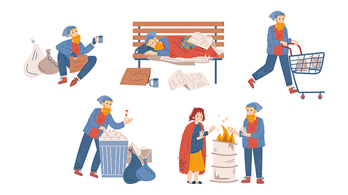 Homeless people, beggars male and female characters begging money, bums wear ragged clothing pick up garbage on street, sleep on bench, warm at barrel. Refugee need help, Linear vector illustration