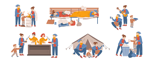 Beggars family, homeless people live on city street. Concept of poverty, charity help to refugee, hobo. Vector flat illustration of volunteers serving food for needy man, woman and boy