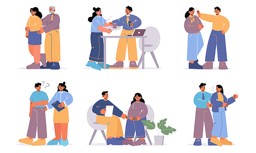 Sexual harassment at work concept. Employee abuse, bad behavior of men and women at workplace. Violence at job, unwanted advances, inappropriate touches in office, Flat vector line art illustration