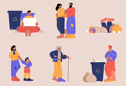 Set of homeless people, beggars male and female characters with banner, beg money, need work. Bums in ragged clothes pick up garbage in bin on street, sleep on ground Line art flat vector illustration