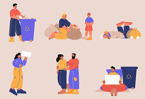 Set of homeless people, beggars male and female characters with banner, beg money, need work. Bums in ragged clothes pick up garbage in bin on street, sleep on ground Line art flat vector illustration