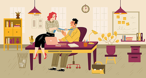 Sexual harassment at work in office. Vector flat illustration of woman sitting on boss table and hold tie of man. Concept of sexual assault, unwanted touches, inappropriate behavior at workplace