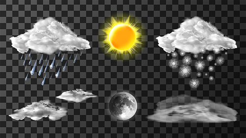 Weather meteo icons realistic set vector illustration. Realistic elements for weather forecast, sun, moon, fog, clouds with snow and rain isolated on transparent background