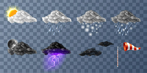 Weather meteo icons realistic set vector illustration. Realistic elements for weather forecast, sun, moon, clouds with snow and rain, thunderstorm with lightning isolated on transparent background