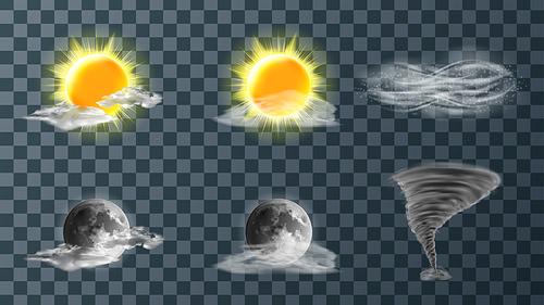 Weather meteo icons realistic set vector illustration. Realistic elements for weather forecast, sun, moon, clouds, hurricane or strong wind, tornado funnel isolated on transparent background