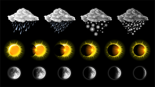 Weather meteo icons realistic set vector illustration. Elements for weather forecast, clouds with snow and rain, different phases or stages of solar and lunar eclipses isolated on black background