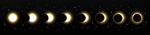 Solar eclipse in different phases. Cosmos with moon and sun in total and partial solar eclipse and stars isolated on transparent background, vector realistic illustration