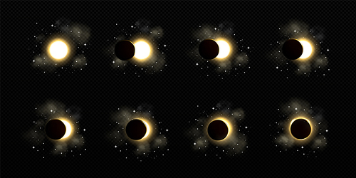 Solar or lunar eclipse with stars, different phases of moon and sun ecliptic effect in space. Shining circle with black shadow of planet disappear and appear motion, Realistic 3d vector illustration