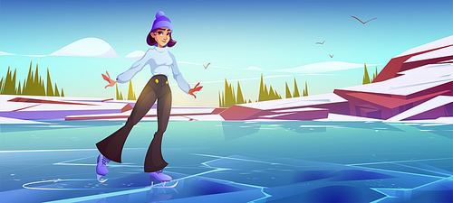 Girl skating on ice rink in park. Vector cartoon illustration of winter landscape with frozen lake or river, white snow, mountains, trees and woman in ice skates