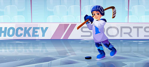 Hockey ice rink with boy player in helmet and skates. Vector cartoon illustration of public sport stadium with ice field, benches and kid with puck and hockey stick