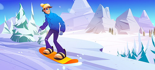 Man rides on snowboard on slope in mountains. Vector cartoon illustration of winter landscape with white downhill, trees, rocks and snowboarder person. Extreme sport activity concept