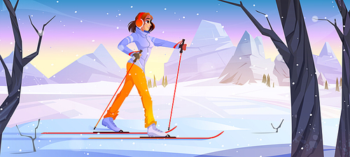 Girl walking on ski on snow. Vector cartoon illustration of winter landscape with mountains, snowy field, trees and woman with sticks skiing. Winter sport activity concept