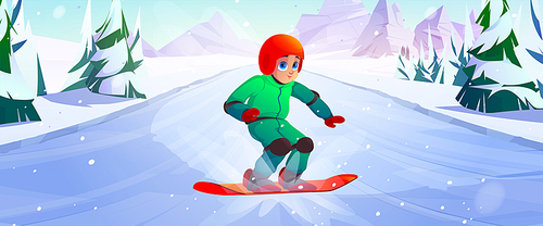 Boy rides on snowboard on downhill in mountains. Vector cartoon illustration of winter landscape with white slope, rocks, trees and child in helmet snowboarding