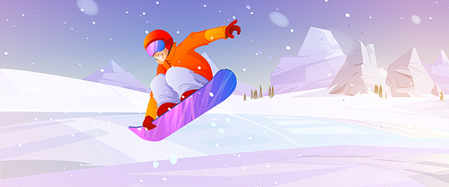 Extreme snowboarding winter sport, outdoors activity. Young sportsman in warm sportive costume riding snowboard making jumps and stunts on ski resort, wintertime relax, Cartoon vector illustration