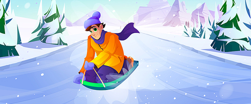 Winter sports, happy man having fun riding on sleds downhill during wintertime holidays. Outdoors activity, vacation spare time on ski resort, male character sledding, Cartoon vector illustration