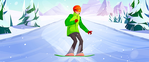 Wintertime activity and extreme outdoors snowboarding sport. Young man in warm sportive costume riding snowboard downhills. Sportsman training or relaxing on ski resort, Cartoon vector illustration