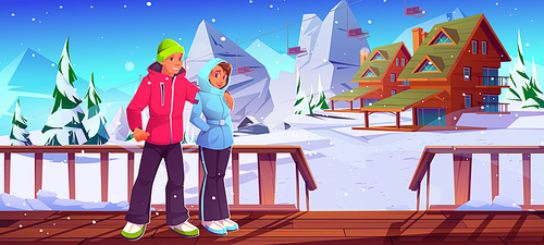 Young couple on ski resort, man and woman in winter clothes hugging wooden terrace at snowy landscape with mountains, cottage and funicular, people relax, outdoor activity, Cartoon vector illustration