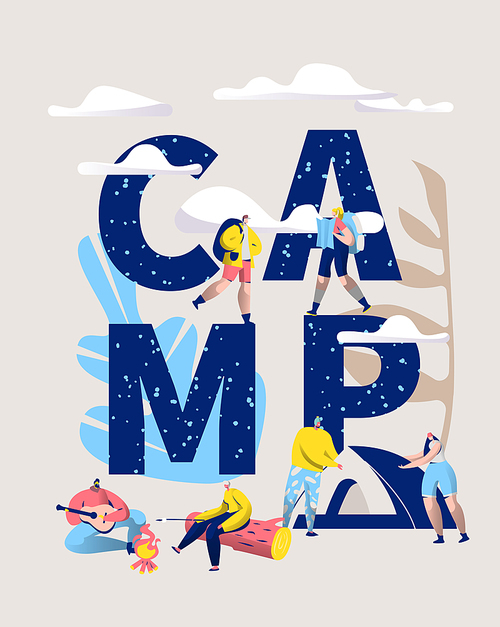 Camp Adventure Banner. Camping Vertical Poster with Active People Characters in Outdoor Travel for Website or Print. Summertime Vacation on Nature. Flat Cartoon Vector Illustration