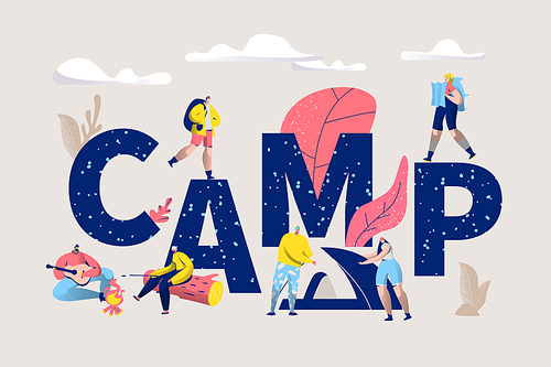 Camp Adventure Banner. Camping Horizontal Poster with Active People Characters in Outdoor Travel for Website or Print. Summertime Vacation on Nature. Flat Cartoon Vector Illustration