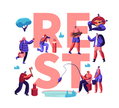 People Having Rest Creative Poster. Male and Female Characters Hobby at Leisure Time, Men and Women Relaxing, Fishing, Taking Pictures, Pick Up Mushrooms, Camping. Cartoon Flat Vector Illustration