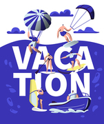 Summer Vacation Sport Adventure Typography Banner. Beach Wind Activity Equipment. Creative Watercraft Ride Motivation Poster. Sea Holiday Leisure Trip Flat Cartoon Vector Illustration