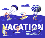 Summer Vacation Water Sport Activity Typography Banner. Tropical Ocean Beach Wind Equipment. Creative Kayaking Ride Motivation Poster. Sea Holiday Leisure Trip Flat Cartoon Vector Illustration