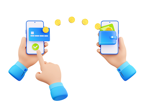 3d render money transfer, mobile banking online payment concept with hands holding smartphones sending dollar coins. International transaction, electronic wallet, Illustration in cartoon plastic style
