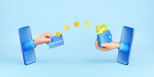 Money transfer, payment or online transaction concept with hand in mobile phone holding bank card and sending coins to another smartphone with hand holding wallet with cash, 3d render illustration