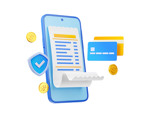 Online payment security concept with mobile phone, bank cards, bill, gold coins and shield with check mark. Safe financial transfer with smartphone, credit cards and receipt, 3d render illustration