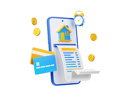 3d render house bills payment, online invoice, digital transaction receipt. Concept with real estate, smartphone, bank cards, alarm clock and dollar coins, Illustration in cartoon plastic style