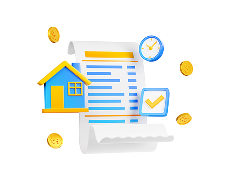 Icon with house, financial bill, clock, coins and check mark. Concept of home budget, mortgage or loan payments, real estate rent or property tax, 3d render illustration