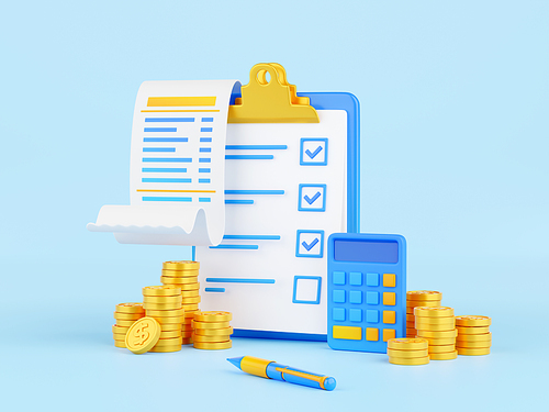 3d render, tax payment, financial business concept with paper form, coin stacks, calculator, paper bill and pen on blue background. Deduction, fee, accounting Illustration in cartoon plastic style