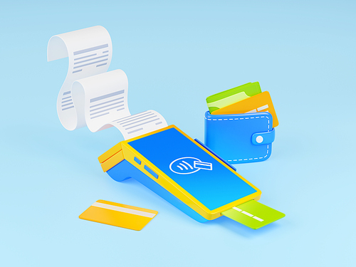 3d render pos terminal, paper check bill, plastic card and wallet. Contactless payment concept with electronic device for wireless nfc money transactions, Illustration in cartoon plastic style