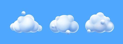 3d render white clouds, cute fluffy spindrift rounded cumulus eddies. Flying weather and nature design elements balloons isolated on blue , illustration in cartoon plastic style, icons