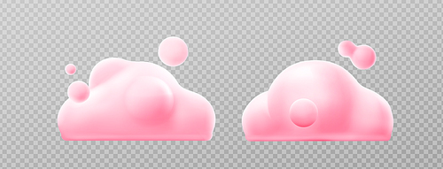 3d render pink clouds, fluffy spindrift or cumulus eddies. Flying weather and nature design elements balloons isolated on transparent background, illustration in cartoon plastic style, icons set