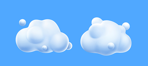 3d render white clouds, cute fluffy spindrift rounded cumulus eddies. Flying weather and nature design elements balloons isolated on blue , vector illustration in cartoon plastic style icons